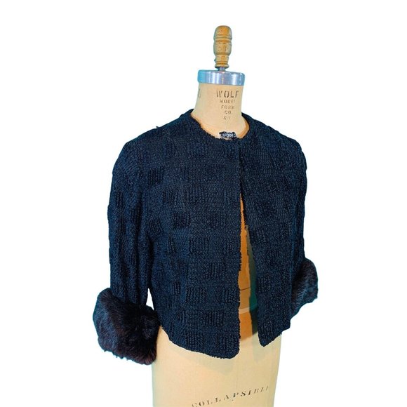Vintage 50s Black Jacket Womens Small Ribbon Top Black Brown Fur Evening Top - Picture 7 of 10